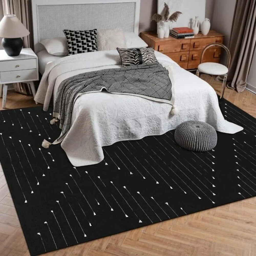 New Boho Area Rug 8' x 10' – Washable Black Moroccan Cotton Rug for Living Room
